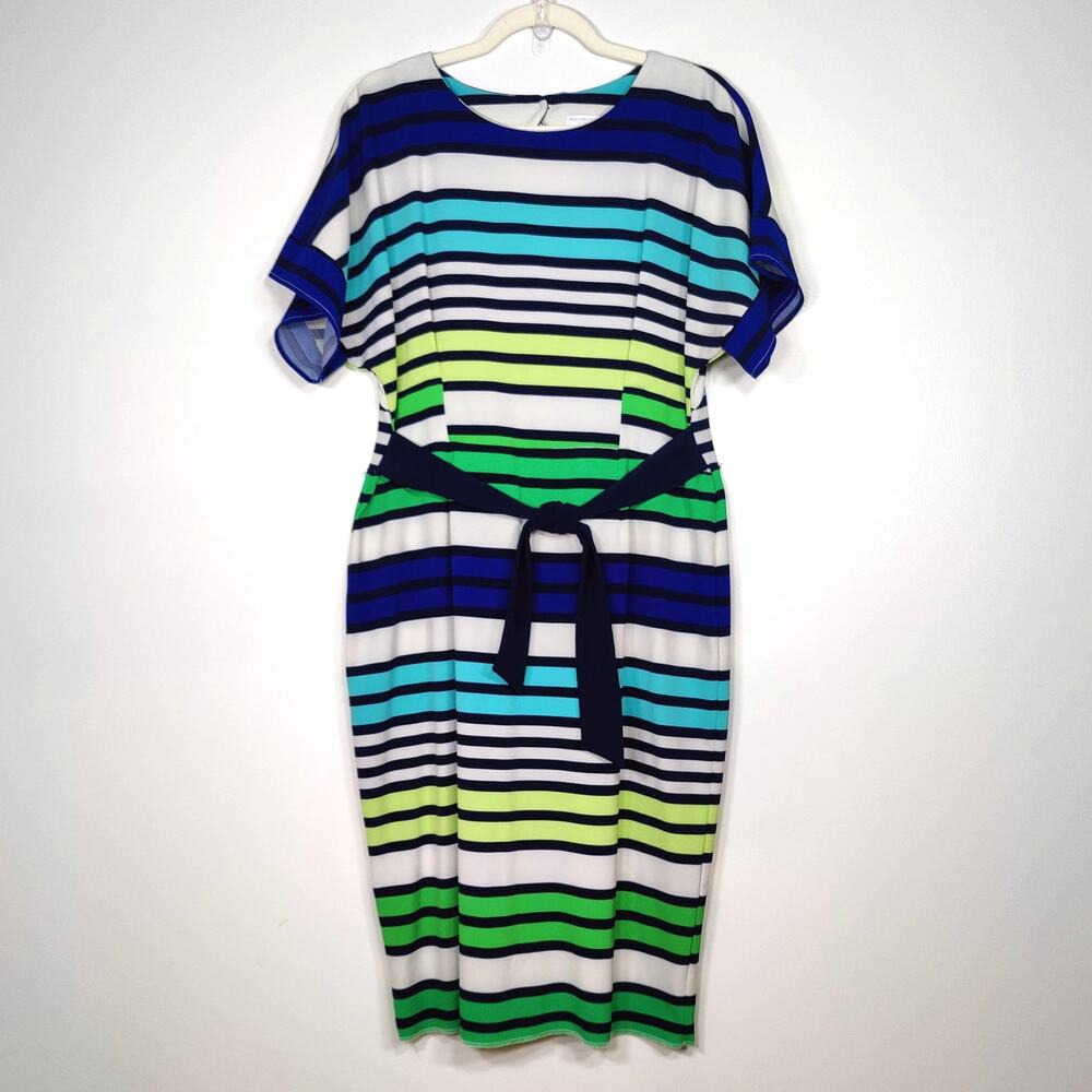New York & Co Striped Belted Dress L Nautical Preppy Stretch Coastal Chic Resort